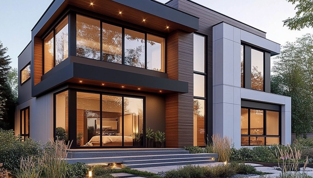 Fachada de vivienda moderna con aberturas de aluminio y vidrio